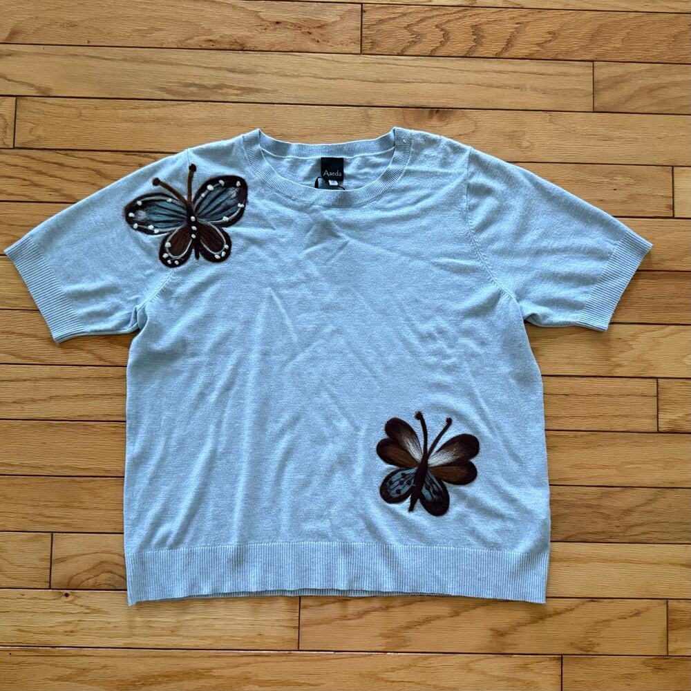 Aaeda Blue Knit Butterfly Appliqué Short Sleeve Sweater NWT Size 1X